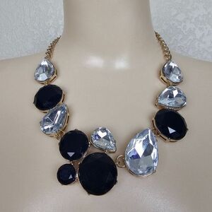 J. Crew Necklace Black White Acrylic Rhinestone Gold Tone Statement Chunky Bib